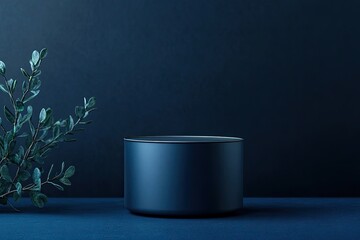 round tin mockup with smooth finish centered on deep navy solid background with soft lighting and wide copy space