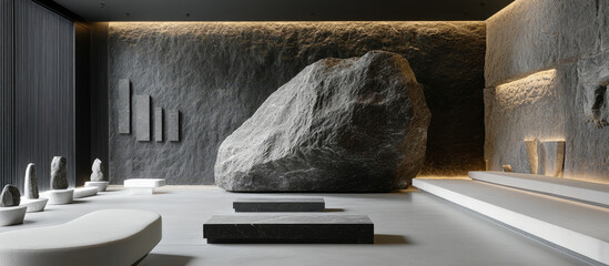 Wall Mural - Modern minimalist interior with large stone feature, sleek seating, and subtle lighting.