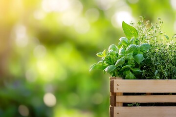 Wall Mural - Fresh Herbs in Wooden Planter - Garden Bounty