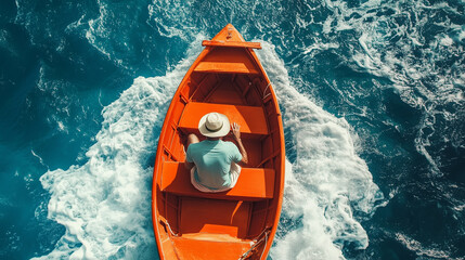 Overhead shot capturing tourist sailing orange boat, straw hat visible, cutting blue waters with white wake