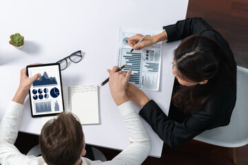 Aufkleber - Top view Analyst team uses BI Fintech display tablet to analyze financial data. Business people analyze BI software technology dashboard power for insight power into marketing planning. Prudent