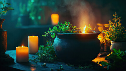 An Enchanting Witchs Potion is beautifully Surrounded by Flickering Candles and Fresh Herbs