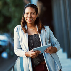 Leinwandbilder - Business woman, tablet and portrait on balcony, pride and happy at startup media company. Person, writer and digital touchscreen on application, smile and contact at creative agency in Colombia