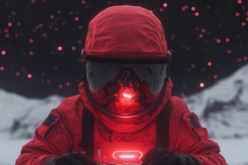 Wall Mural - An astronaut in a vibrant red spacesuit examines a glowing red device against a dark, starry backdrop.