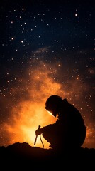 Wall Mural - Silhouette of an astronaut crouching under a fiery, starlit sky, creating a contemplative mood.