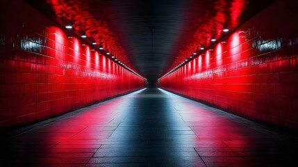 Wall Mural - a red tunnel with lights on the ceiling