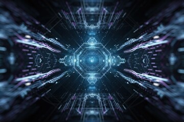 Poster - Abstract digital tunnel with glowing lines and geometric patterns, futuristic technology concept.