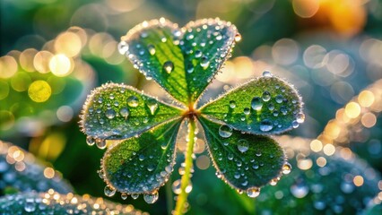 Poster - Close-up View of Dew Glistening on a Shamrock Leaf. Generative AI