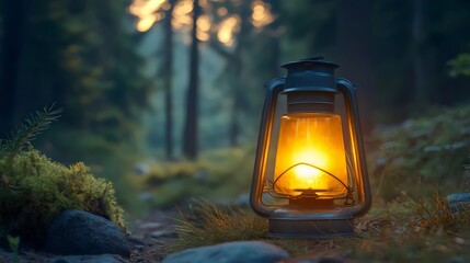 Wall Mural - A lantern is lit in a forest, casting a warm glow on the surrounding area