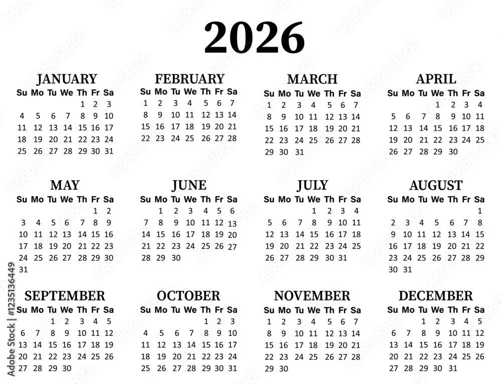 calendar 2026 week start on sunday simple year calendar vector design ...
