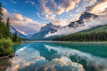 Poster - Serene Mountain Landscape With Mist and Vibrant Reflections. Generative AI