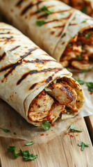 Wall Mural - Burrito. Delicious open chicken shawarma wrap on polished wooden table with fresh herbs and grill marks visible. Chicken fillet in pita bread with vegetables