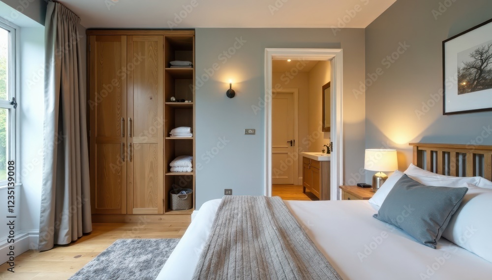 Open-plan bedroom with walk-in wardrobe and bathroom, space, tub Stock ...