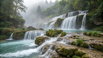 Poster - Majestic Cascade Waterfall Surrounded by Lush Greenery. Generative AI