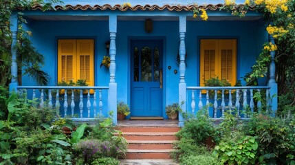 Wall Mural - A blue house with yellow shutters and a yellow door