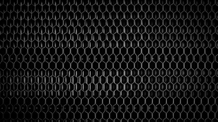 Poster - A black and white photo of a metal mesh with a black background. The photo is of a close up of the mesh, with the holes and the pattern of the mesh visible. The photo has a moody