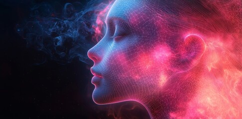 Horizontal abstract hi-tech background featuring a digital human profile