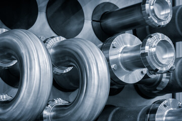 Poster - A close up of a group of metal pipes as industrial background. pipes are silver and have a shiny appearance. Concept of industrial Chemical pharmaceutical device