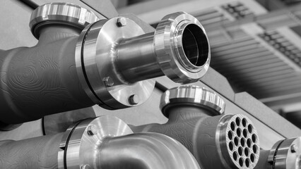 Poster - A close up of a group of metal pipes as industrial background. pipes are silver and have a shiny appearance. Concept of industrial Chemical pharmaceutical device