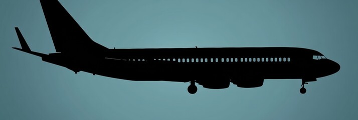 Poster - Silhouette of a sleek airplane flying against a serene sky at dusk, showcasing smooth lines and elegant design. Generative AI