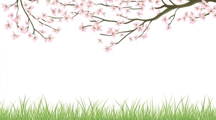 Blooming cherry tree branch over green grass on white background