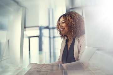 Leinwandbilder - Happy, business woman and typing with vision for research, development or corporate intuition at office. Female person, accountant or employee working with smile on computer for company email in blur