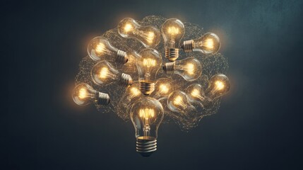 Wall Mural - A network of light bulbs forming a brain shape, Innovation scene, Conceptual style