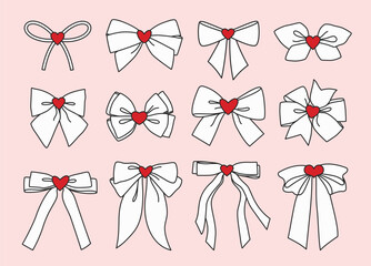 Wall Mural - 12 simple hand drawn white decorative holiday ribbon bows for gifts, to decorate present. Bow with knot red heart for gift wrapping for birthday, Valentine's day. Isolated Flat Vector element EPS10