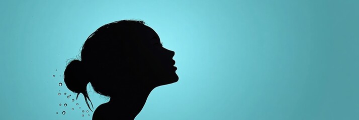 Leinwandbilder - Silhouette of a woman in profile against a blue background with bubbles suggesting underwater ambiance. Generative AI