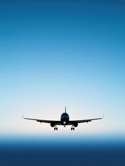 Leinwandbilder - Silhouette of a sleek airplane flying against a clear blue sky during golden hour. Generative AI