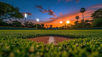 Wall Mural - Baseball field at sunset, home plate, dramatic sky