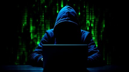 Male hacker in blue hoodie working on laptop with digital matrix code animation in dark room. Cybersecurity threat concept for cyber attack prevention with copy space