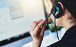 © peopleimages.com - Hand, headset or woman with mic, call centre or help desk for advice, telemarketing or insurance info. Person, closeup or employee in office, system check for client or technician response deployment