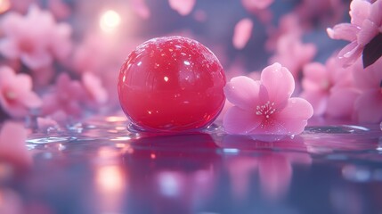 Wall Mural - Pink sphere, cherry blossoms, water, ethereal glow