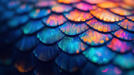 Close-up vibrant iridescent fish scales. Abstract background