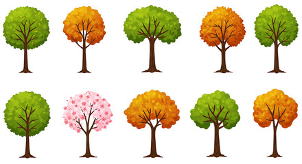 different trees set with summer green, autumn orange foliage, spring pink blossom. simple drawn illu