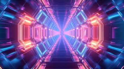 Wall Mural - futuristic neon tunnel with colorful light reflections and depth