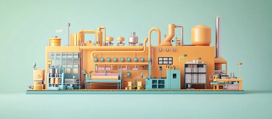 Colorful industrial factory setup with machinery and equipment against a pastel background