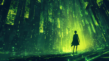 A digital representation of vibrant green rain-like patterns, evoking a matrix or code aesthetic in a visually striking backdrop. Cyber Aesthetic. Illustration