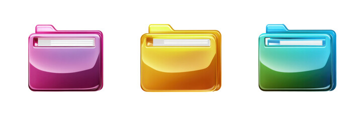 Colorful glossy file folders: pink, yellow, and blue icons on transparent background png