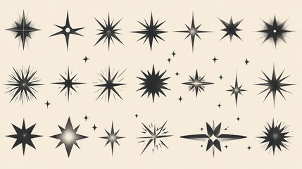 Wall Mural - Illustrative Set of Vintage Black Star Designs on Neutral Background