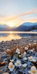 Wall Mural - A beautiful landscape with a large body of water and mountains in the background. The sun is setting, casting a warm glow over the scene. The flowers are white and scattered throughout the area