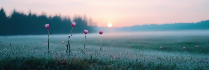 Canvas Print - A field of flowers with a pink sun in the background. The flowers are pink and the sky is blue