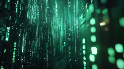 Wall Mural - digitized abstract light flow in futuristic green environment