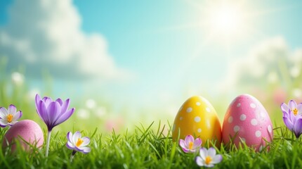  A vibrant Easter scene featuring colorful decorated eggs nestled in lush green grass