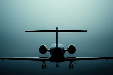 Aufkleber - Silhouette of a sleek airplane flying through a foggy sky at dawn in an urban environment with quiet surroundings. Generative AI