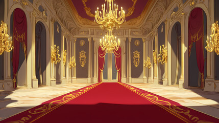 Grand throne room, red carpet, golden chandeliers, opulent decor, fit for royalty or historical drama. Baroque Drama. Illustration