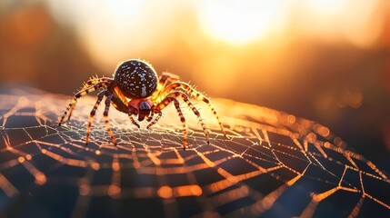 A spider is on a web with a sun in the background
