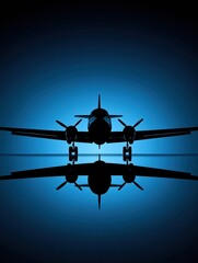 Poster - Silhouette of a sleek airplane reflecting against a vivid blue backdrop at twilight. Generative AI