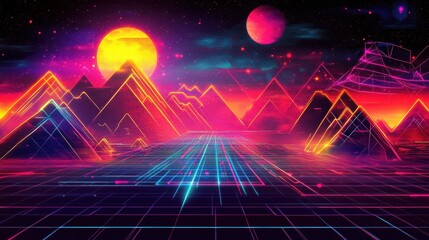 Wall Mural - Vibrant Retro Futuristic Landscape with Neon Mountains and Planets